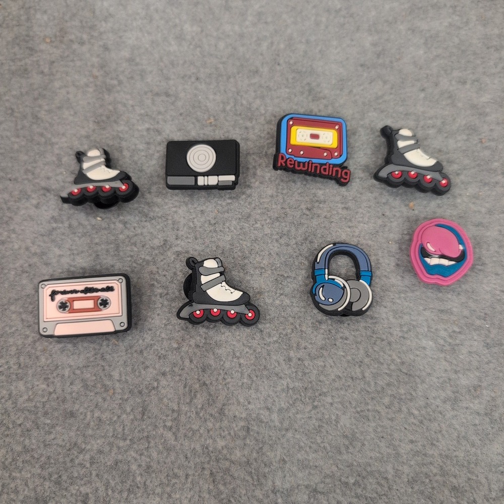 9pc Retro 90s Y2K Shoe Charms Set Inline Skates Cassette Tape Headphones Boombox - Picture 1 of 1
